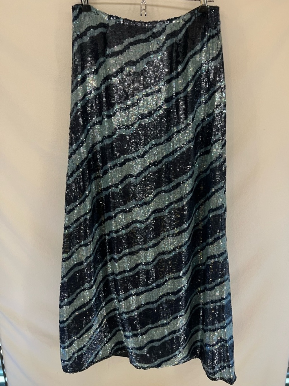Vintage Women’s Emma Black Full Sequin Maxi Skirt Blue Striped Size 6 Boho Y2K